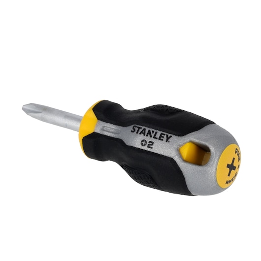 STANLEY FMHT65726-0 stubby Phillips screwdriver with black and yellow ergonomic handle, angled view on white background.