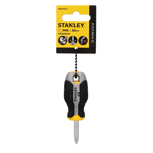 Photo of STANLEY FMHT65726-0 stubby PH2 x 30mm screwdriver with black and yellow handle, front view on white.