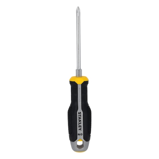 STANLEY FMHT65727-0 Phillips screwdriver with black and yellow ergonomic handle, front angle on white background.
