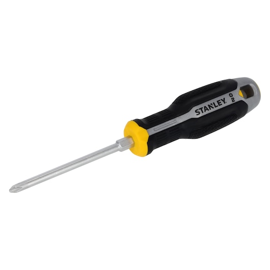 Stanley FMHT65727-0 Phillips screwdriver, black and yellow handle, angled view on white background.