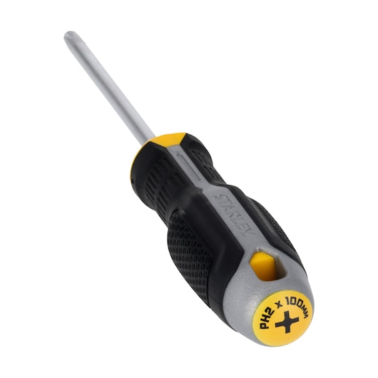STANLEY FMHT65727-0 Phillips screwdriver, black and yellow handle, 100mm, angled view on white background.