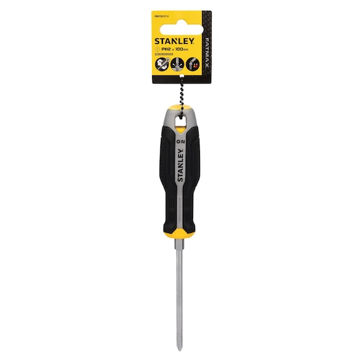 Photo of STANLEY FMHT65727-0 Phillips screwdriver with yellow and black handle, white background, front view.