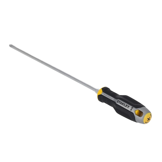 STANLEY FMHT65728-0 Phillips screwdriver with long steel shaft and black and yellow ergonomic handle, angled view.