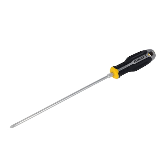 STANLEY FMHT65728-0 long Phillips screwdriver with black and yellow handle, side angle on white background.