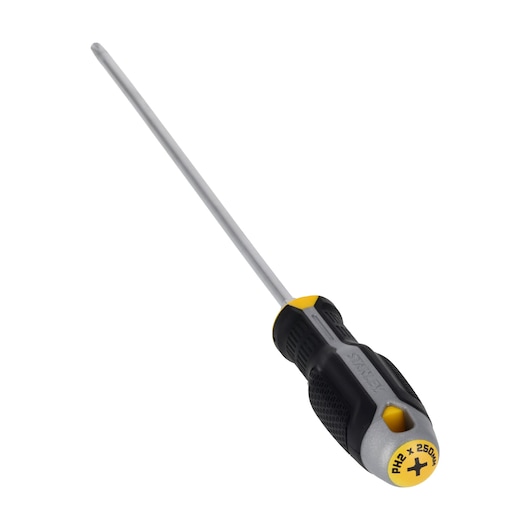 STANLEY FMHT65728-0 Phillips screwdriver with black and yellow handle, long shaft, angled on white background.