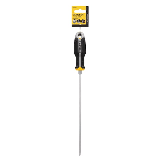 Photo of STANLEY screwdriver FMHT65728-0 with black and yellow handle, long shaft, front angle, white background.