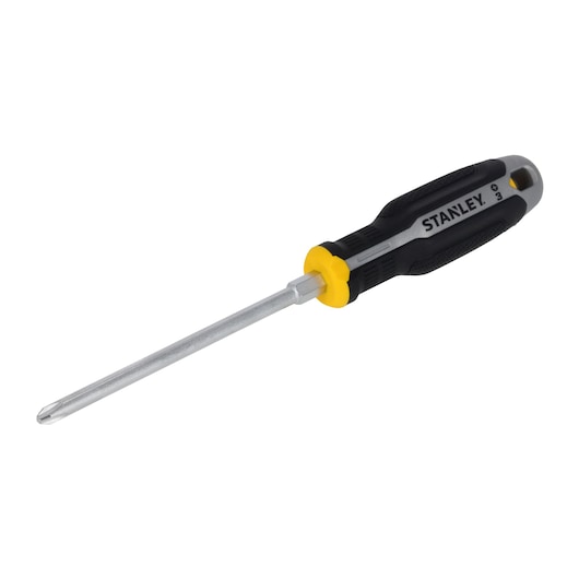 STANLEY FMHT65729-0 Phillips screwdriver with black and yellow handle, side angle on white background.
