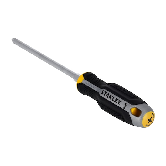 STANLEY FMHT65729-0 Phillips screwdriver with black and yellow ergonomic handle, angled view on white background.