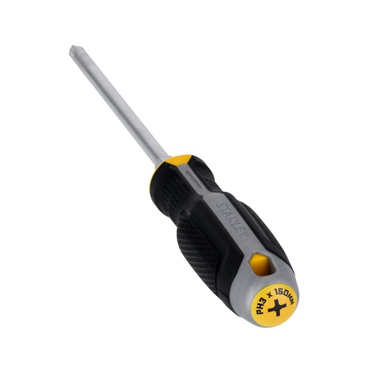Photo of STANLEY FMHT65729-0 Phillips screwdriver, black and yellow handle, tip angled on white background.