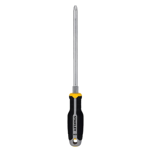 STANLEY FMHT65730-0 Phillips screwdriver with black and yellow handle, front view on white background.