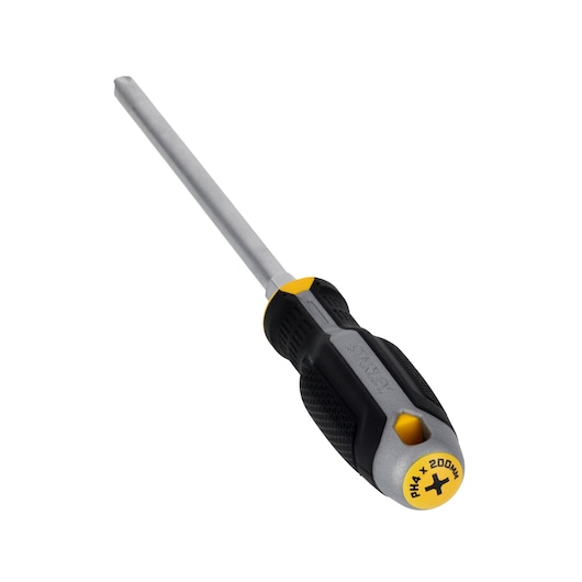 STANLEY FMHT65730-0 Phillips screwdriver with black and yellow handle, photographed at angle on white background.
