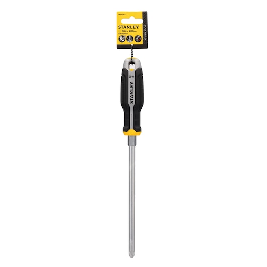 Stanley screwdriver FMHT65730-0, black and yellow handle, long shaft, product on white background, front view.