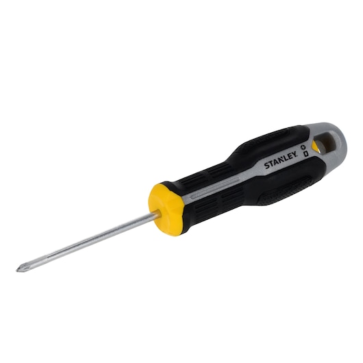 STANLEY FMHT65731-0 Phillips screwdriver with yellow and black handle, angled on white background.