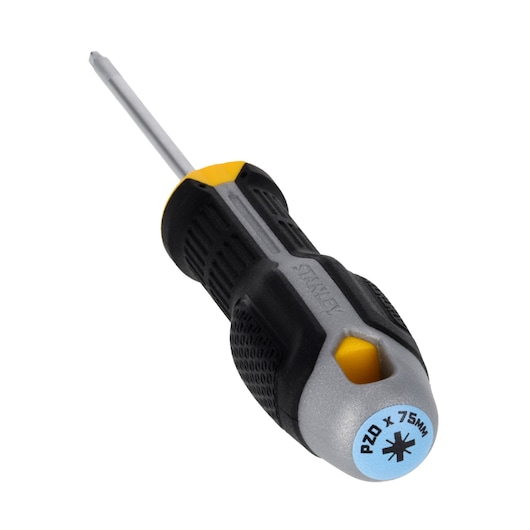STANLEY FMHT65731-0 Pozidriv screwdriver, black and yellow handle, side angle on white background.