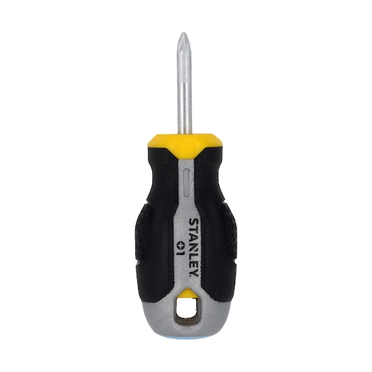 STANLEY FMHT65732-0 stubby Phillips screwdriver front view, black and yellow handle, silver shaft.
