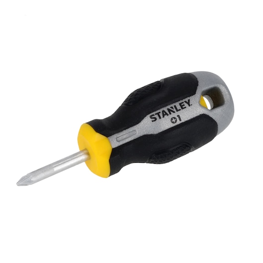 STANLEY FMHT65732-0 stubby Phillips screwdriver with black, yellow, and gray ergonomic handle, side view.