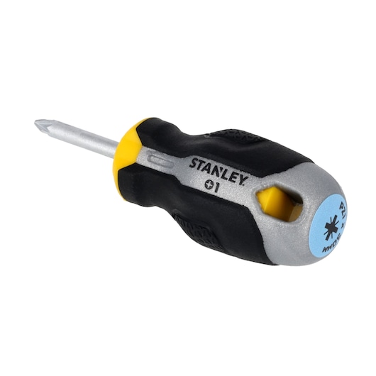 STANLEY FMHT65732-0 stubby Phillips screwdriver with black and yellow ergonomic handle, product angled on white background.