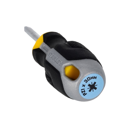 STANLEY FMHT65732-0 stubby screwdriver with black, gray, and yellow handle, PZ1 x 30mm, front angle on white.
