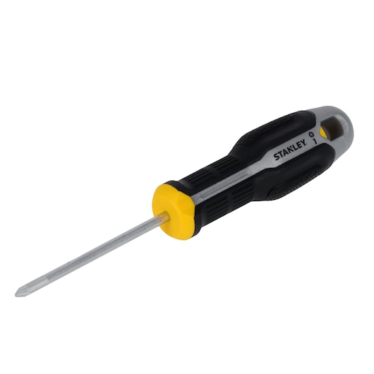 STANLEY FMHT65733-0 Phillips screwdriver with black and yellow handle, angled view, white background.