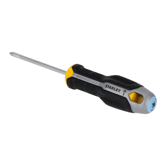 STANLEY FMHT65733-0 Phillips screwdriver, black and yellow ergonomic handle, angled view on white background.