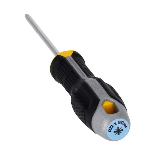 STANLEY FMHT65733-0 Pozidriv screwdriver with black and yellow textured handle, 80mm shaft, front angle.
