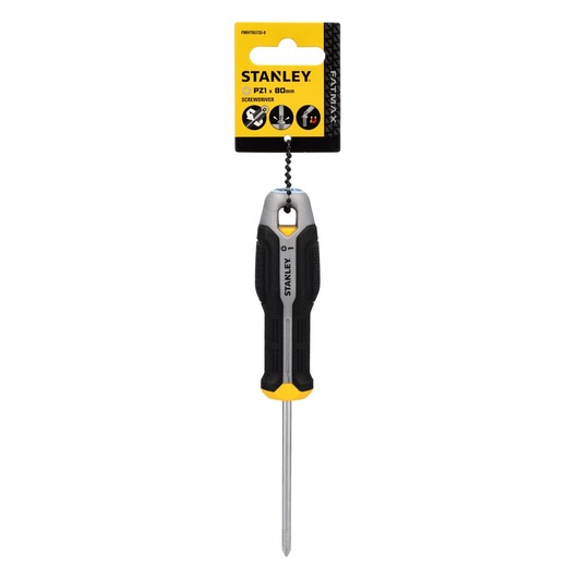 Photo of STANLEY FMHT65733-0 Phillips screwdriver, black and yellow handle, 80mm, on white background.