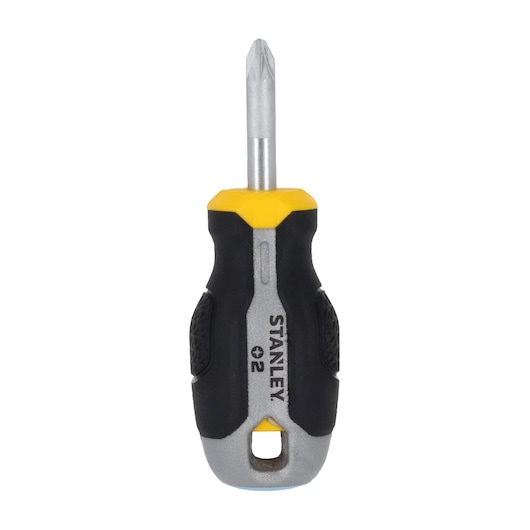 STANLEY FMHT65734-0 stubby Phillips screwdriver, black and yellow handle, product front view on white background.