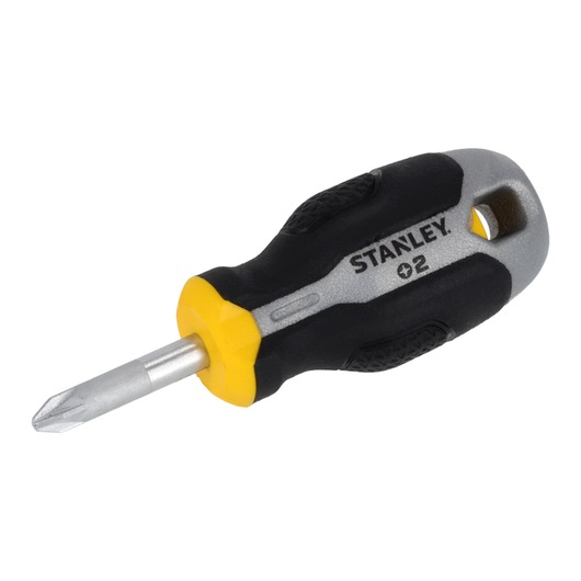 STANLEY FMHT65734-0 stubby Phillips screwdriver with black, yellow, and grey handle, angled on white background.