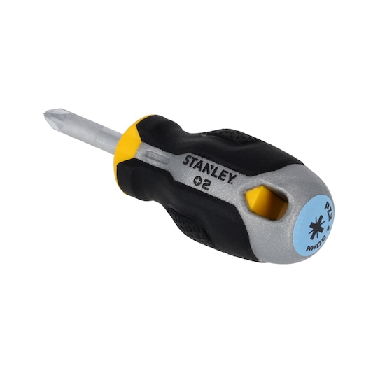 STANLEY FMHT65734-0 stubby Phillips screwdriver, black and yellow ergonomic handle, angled front view, white background.