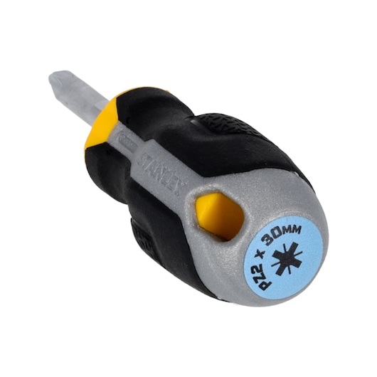 Photo of STANLEY FMHT65734-0 stubby Phillips screwdriver with black, yellow, and gray handle, product angle view.