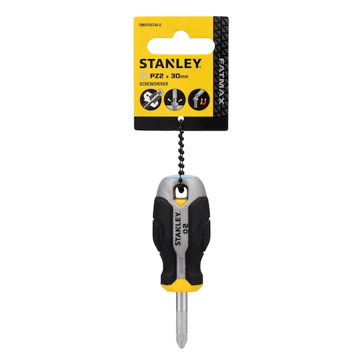 Photo of STANLEY FMHT65734-0 stubby PZ2 x 30mm screwdriver with black and yellow handle, front view, white background.