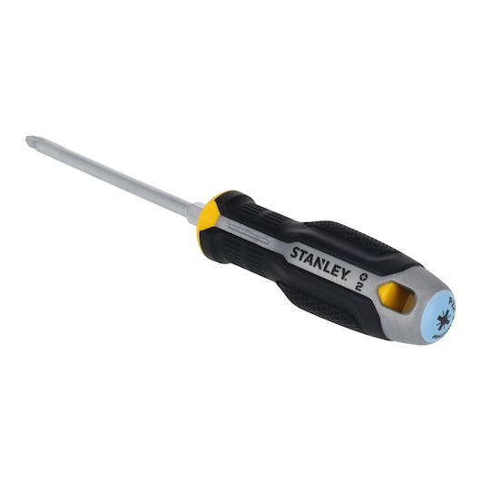 STANLEY FMHT65735-0 Phillips screwdriver with black and yellow ergonomic handle, angled on white background.