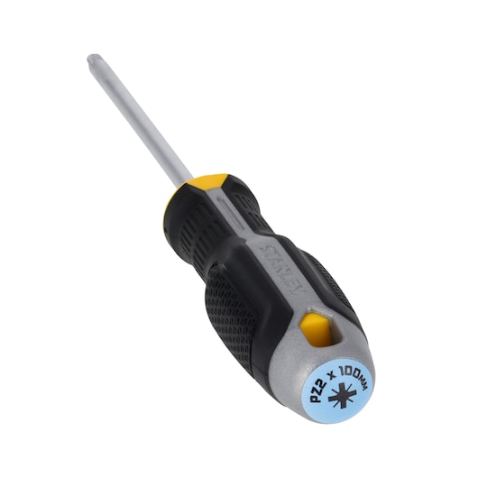 STANLEY FMHT65735-0 screwdriver with black and yellow handle, Pozidriv PZ2 tip, angled view on white background.