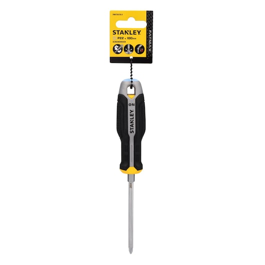 Photo of STANLEY FMHT65735-0 screwdriver, black and yellow handle, shown front on white background.