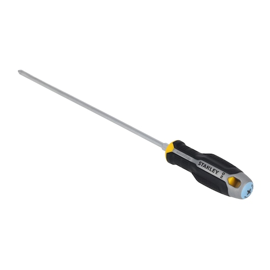 Photo of STANLEY FMHT65736-0 long Phillips screwdriver with black and yellow ergonomic handle, angled on white background.