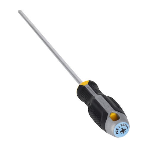 STANLEY FMHT65736-0 Pozidriv screwdriver with black and yellow ergonomic handle, long silver shaft, angled view.