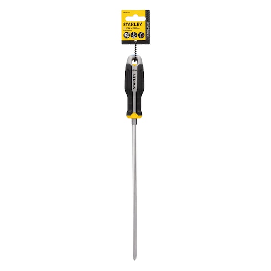 Photo of STANLEY screwdriver FMHT65736-0 with black and yellow handle, long shaft, front view on white background.