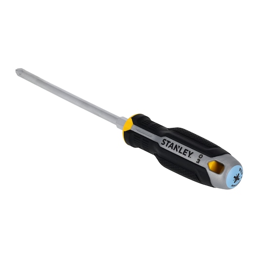 STANLEY FMHT65737-0 Phillips screwdriver with black and yellow handle, angled view on white background.