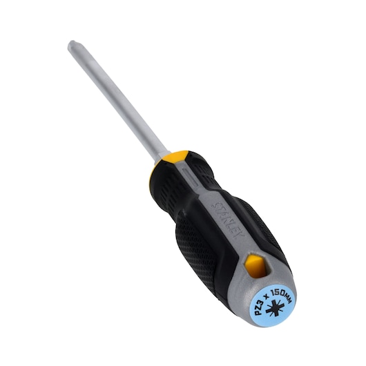 STANLEY FMHT65737-0 Pozidriv screwdriver with black and yellow ergonomic handle, tip and size marked on end cap, angled on white.
