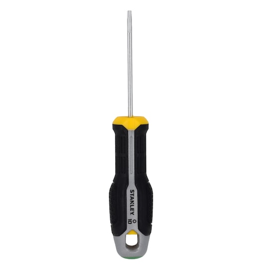 Photo of STANLEY FMHT65738-0 screwdriver with black and yellow handle, front view on white background.