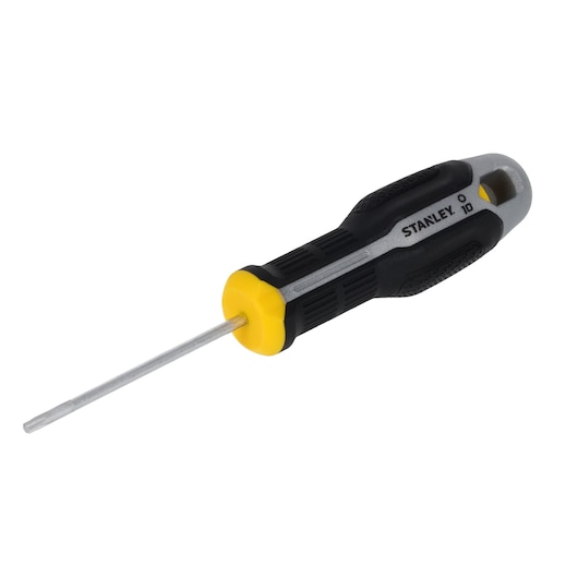 STANLEY FMHT65738-0 screwdriver with black and yellow ergonomic handle, front angle on white background.