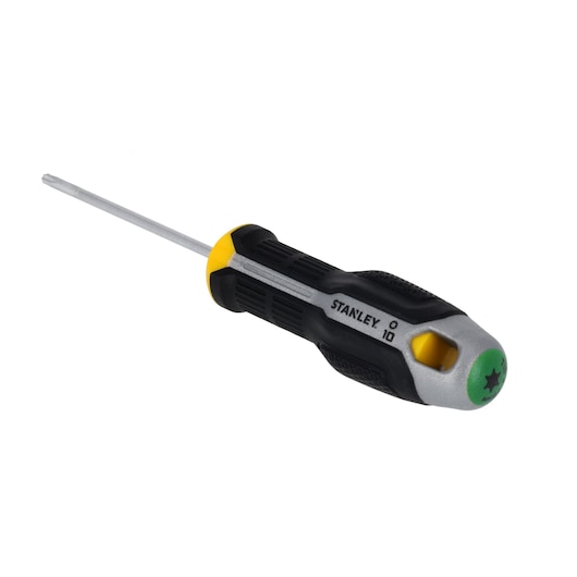 STANLEY FMHT65738-0 Torx screwdriver with black, grey and yellow handle, angled view on white background.