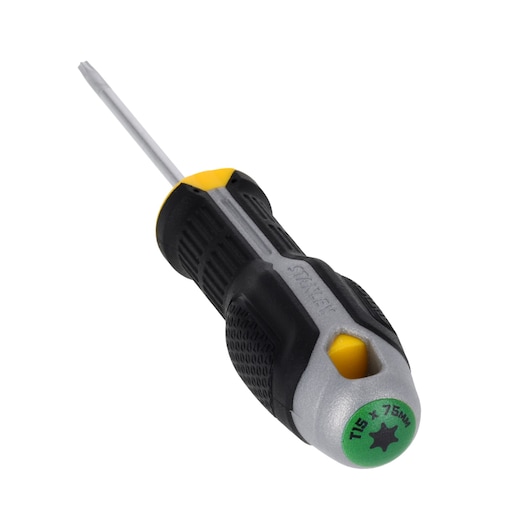 STANLEY FMHT65739-0 Torx screwdriver with black and yellow ergonomic handle, T15 x 75mm, photography angled on white background.
