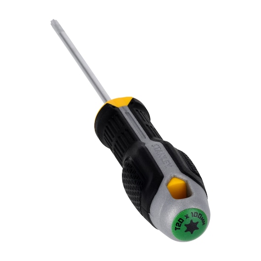 STANLEY FMHT65740-0 Torx screwdriver with black and yellow ergonomic handle, angled view on white background.
