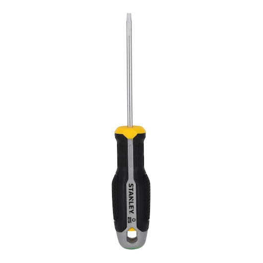 Photo of STANLEY FMHT65741-0 screwdriver with black and yellow ergonomic handle, front view on white background.