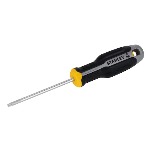STANLEY FMHT65741-0 screwdriver, black and yellow handle, photography, side angle on white background.