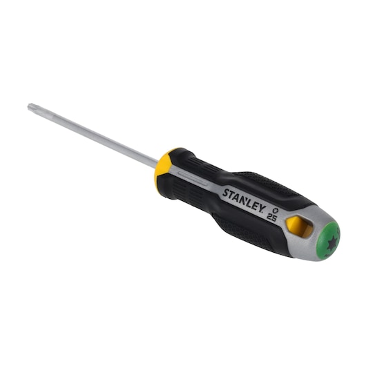 STANLEY FMHT65741-0 screwdriver with black and yellow handle, photographed at angle on white background.