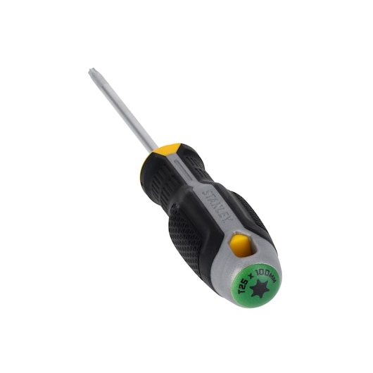 STANLEY FMHT65741-0 Torx screwdriver, T25 x 100mm, black and yellow handle, side angle on white background.