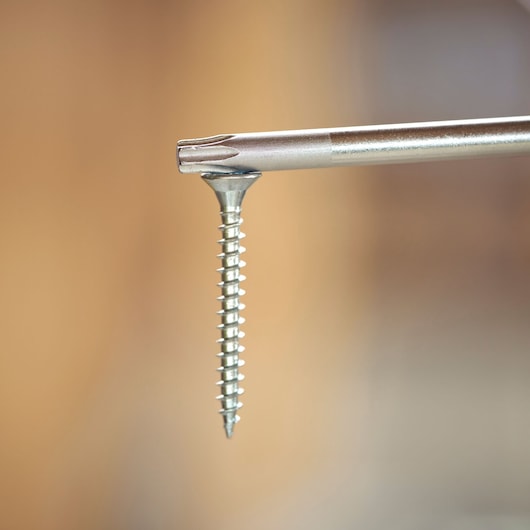 Close-up of a screwdriver bit inserted in a metal screw with a blurred background.