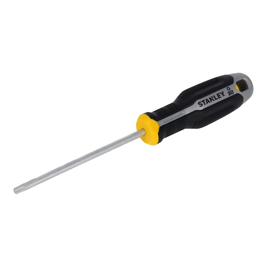 Photo of STANLEY FMHT65742-0 screwdriver with black and yellow ergonomic handle, right side view on white background.